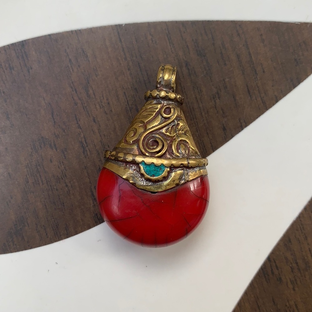 Vintage brass, turquoise and red stone pendant